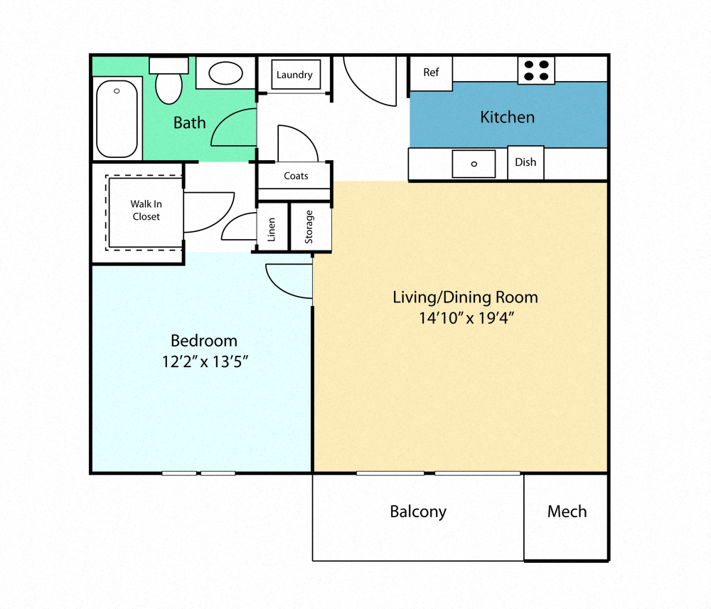 Floor plan for 1 bed, 1 bath, 806 sqft